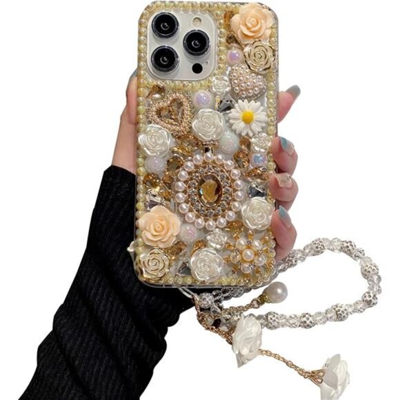 For Iphones Champagne Rose Bling Diamond Phone Case Flower Strap - Picture 6 of 6